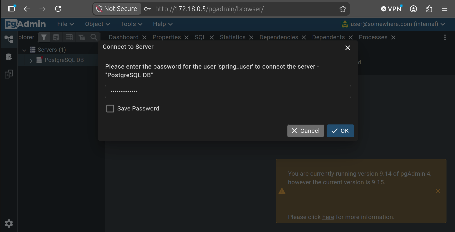 pgadmin database login screen Image alt